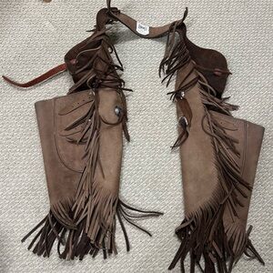Western Brown Leather Fringe Chaps